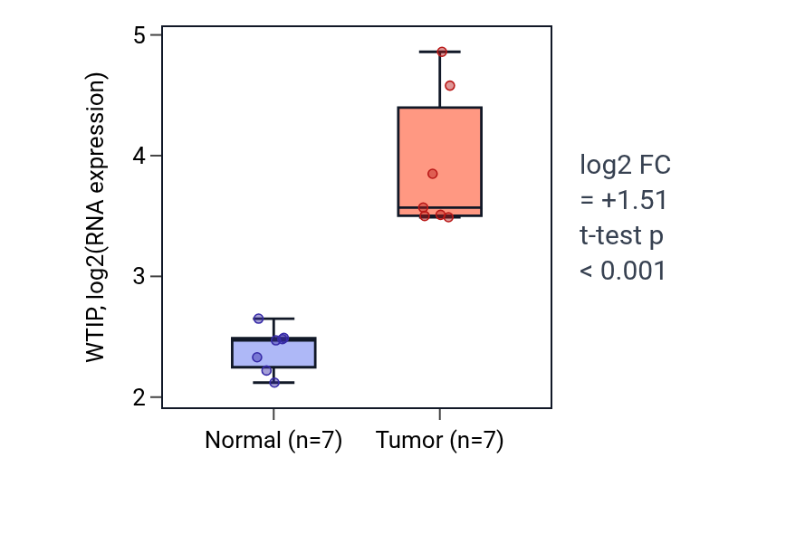 Tumor-vs-normal expression box plot for WTIP in THCA.