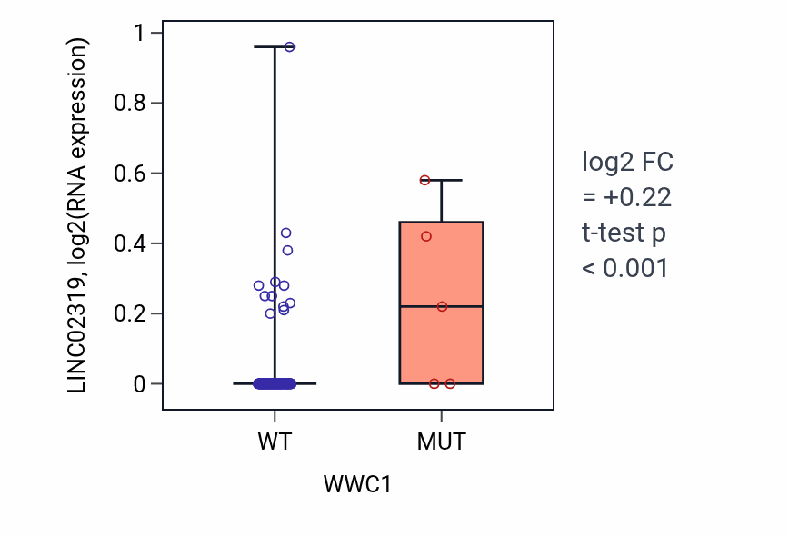 Box plot of LINC02319 in WWC1-low vs WWC1-high samples in READ.