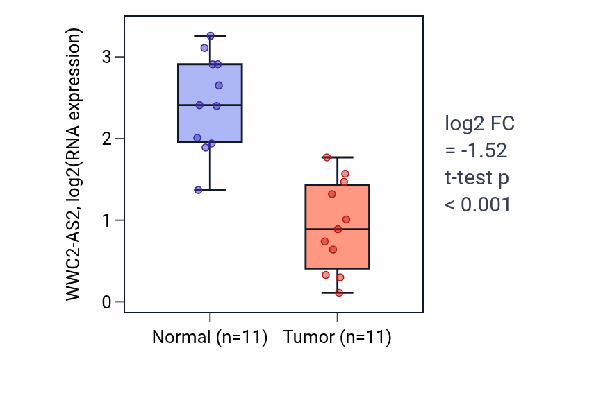 Tumor-vs-normal expression box plot for WWC2-AS2 RNA in KICH.