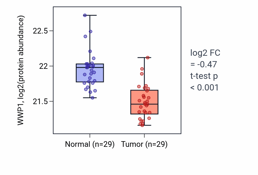 Tumor-vs-normal mass-spec protein box plot for WWP1 in LUAD.