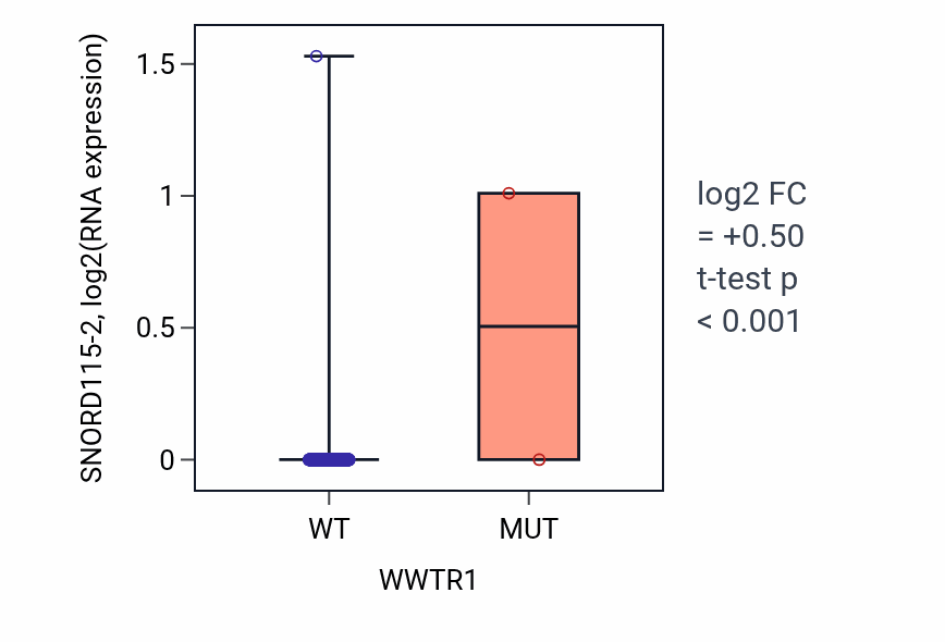 Box plot of SNORD115-2 in WWTR1-low vs WWTR1-high samples in LUAD.