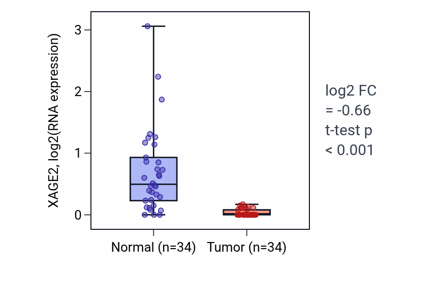Tumor-vs-normal expression box plot for XAGE2 in KIRC.