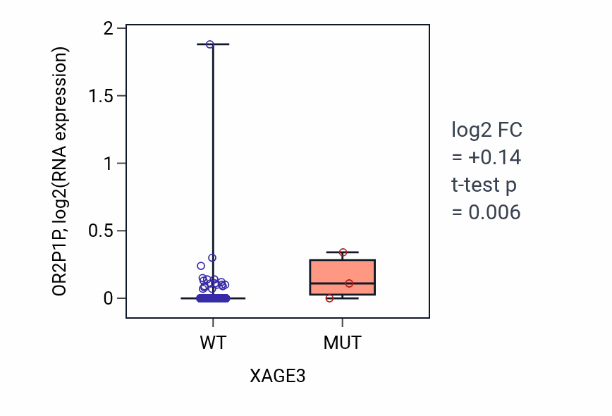 Box plot of OR2P1P in XAGE3-low vs XAGE3-high samples in LUAD.