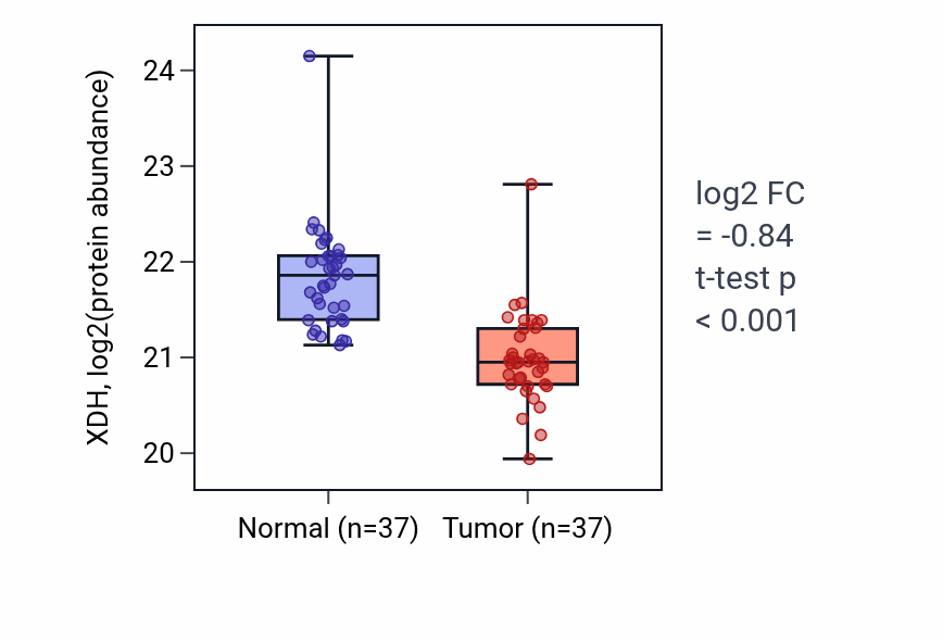 Tumor-vs-normal mass-spec protein box plot for XDH in COAD.
