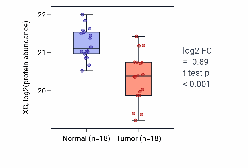 Tumor-vs-normal mass-spec protein box plot for XG in HNSC.