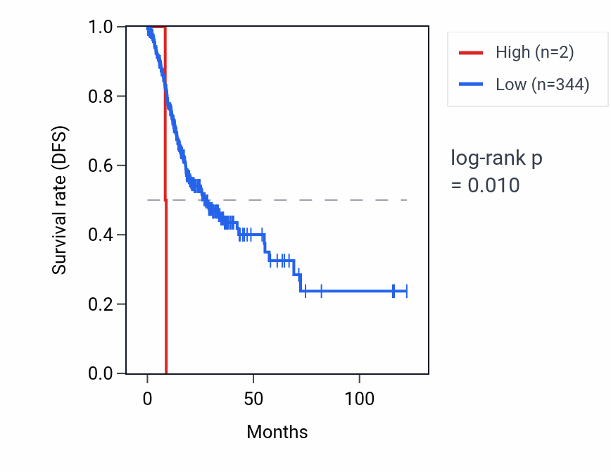 Kaplan&ndash;Meier survival curve for XKRYP5 RNA expression in STAD: high vs low expression groups.