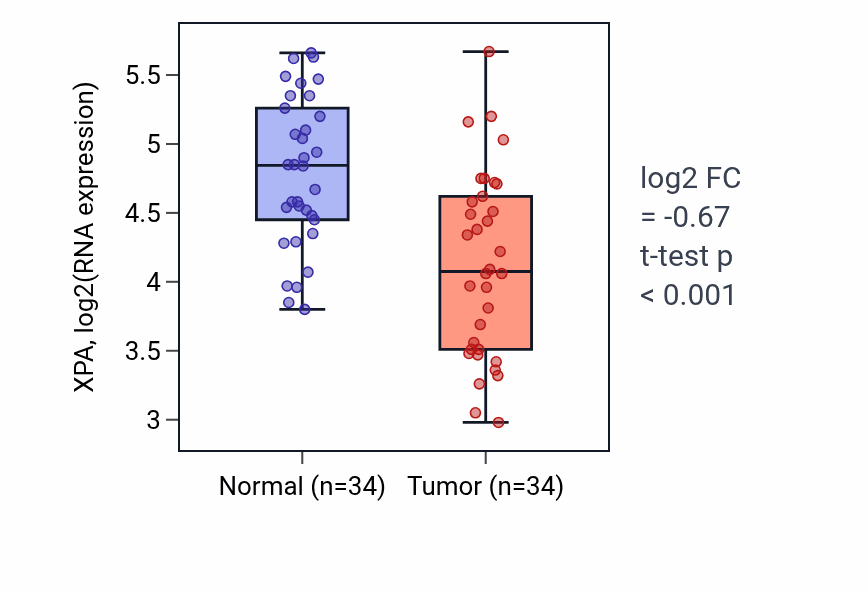 Tumor-vs-normal expression box plot for XPA RNA in KIRC.