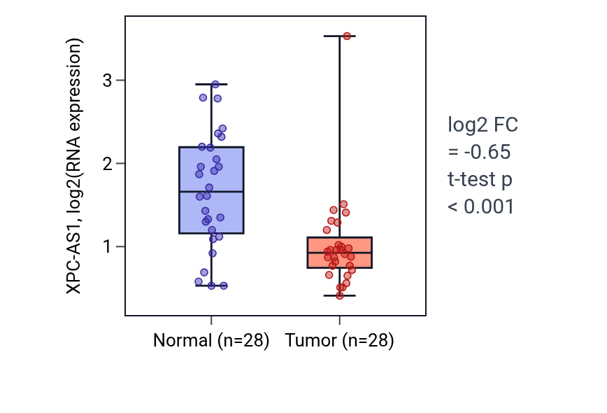Tumor-vs-normal expression box plot for XPC-AS1 in LUAD.