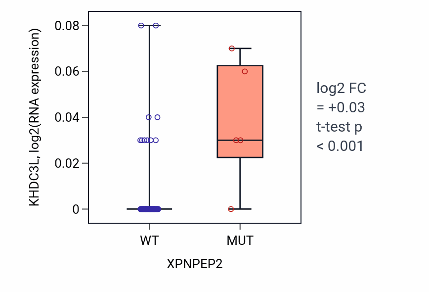 Box plot of KHDC3L in XPNPEP2-low vs XPNPEP2-high samples in LUNG_NSCLC_LUAD.