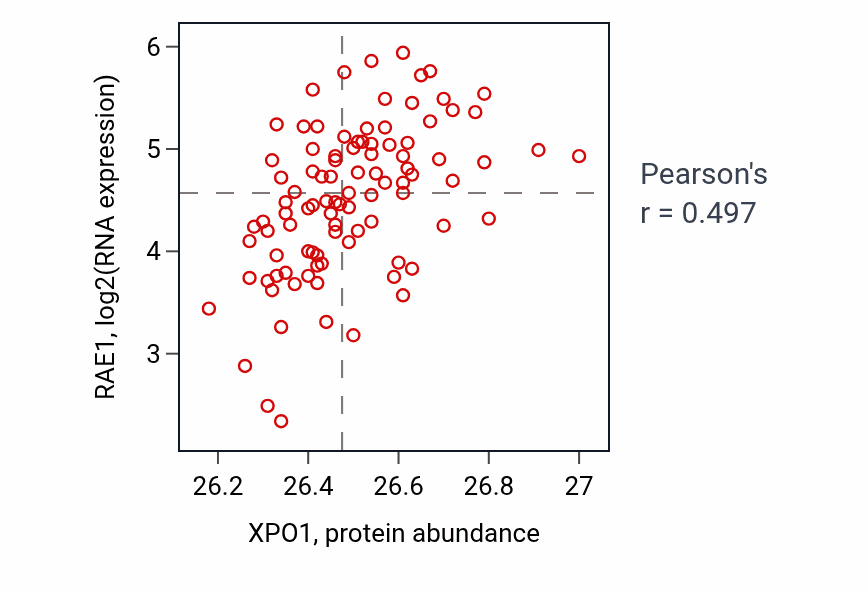 Per-sample scatter of XPO1 vs RAE1 in COAD (Pearson r = 0.50).