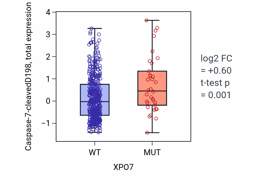 Box plot of Caspase-7-cleavedD198 in XPO7-low vs XPO7-high samples in UCEC.