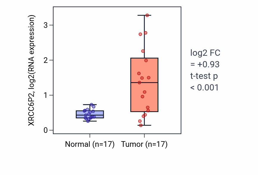 Tumor-vs-normal expression box plot for XRCC6P2 RNA in COAD.
