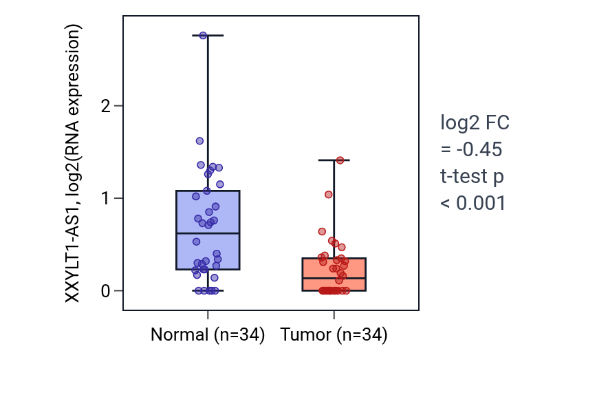 Tumor-vs-normal expression box plot for XXYLT1-AS1 in KIRC.