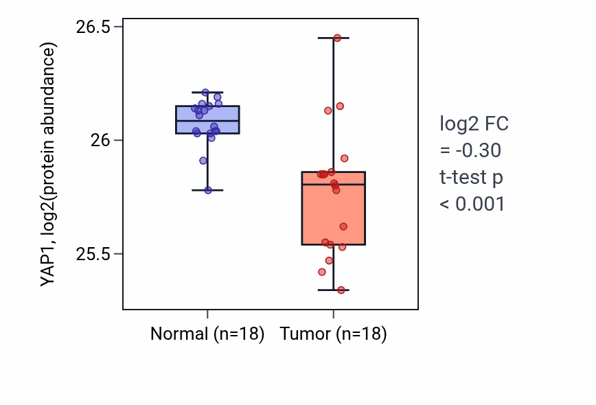 Tumor-vs-normal mass-spec protein box plot for YAP1 in LUAD.