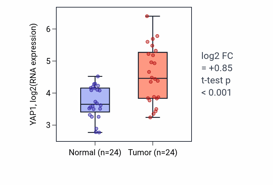 Tumor-vs-normal expression box plot for YAP1 RNA in LIHC.