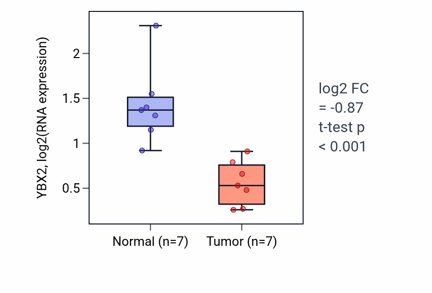 Tumor-vs-normal expression box plot for YBX2 RNA in THCA.