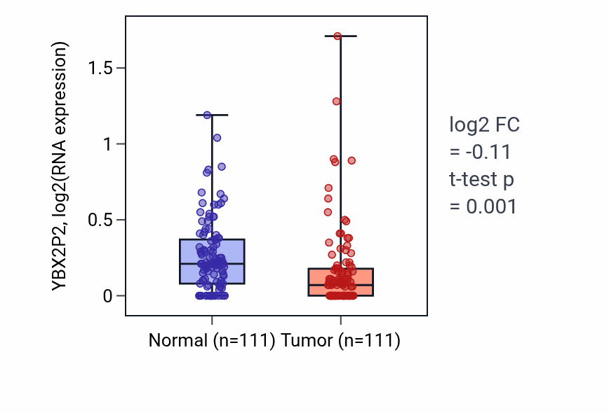 Tumor-vs-normal expression box plot for YBX2P2 in BRCA.