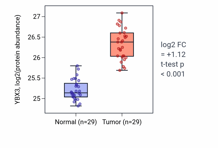 Tumor-vs-normal mass-spec protein box plot for YBX3 in CCRCC.