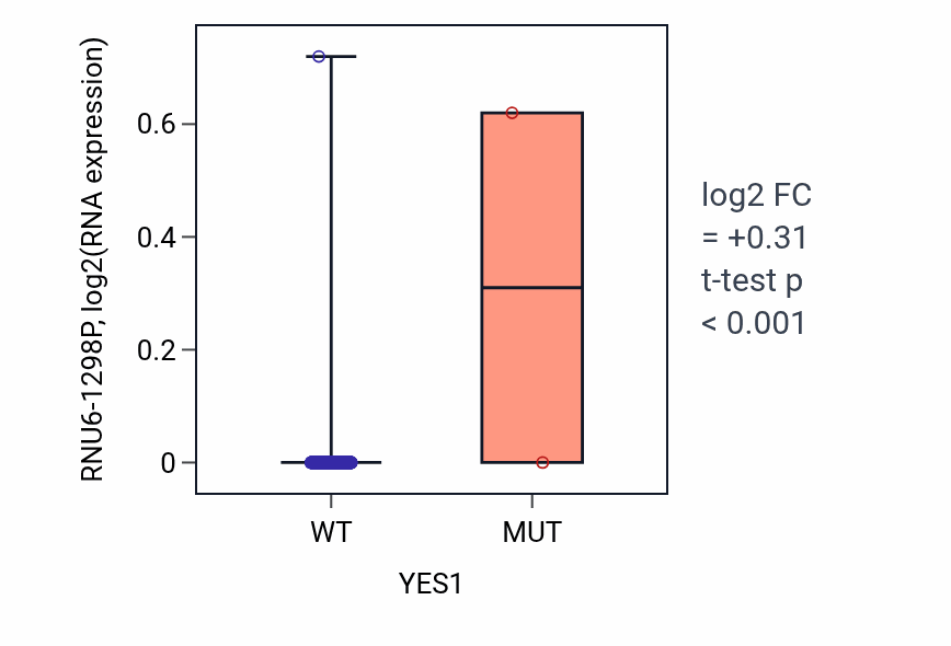 Box plot of RNU6-1298P in YES1-low vs YES1-high samples in HNSC.