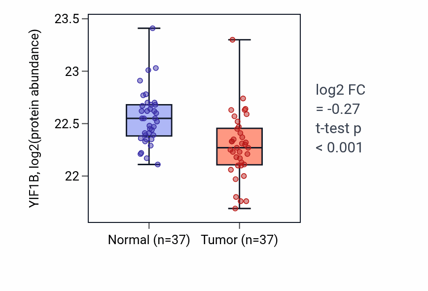 Tumor-vs-normal mass-spec protein box plot for YIF1B in LUAD.
