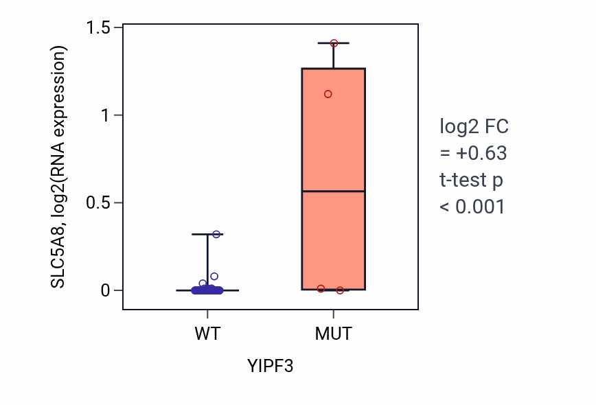 Box plot of SLC5A8 in YIPF3-low vs YIPF3-high samples in LARGE_INTESTINE.