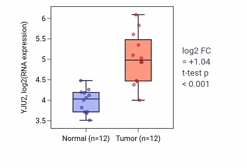Tumor-vs-normal expression box plot for YJU2 RNA in LIHC.