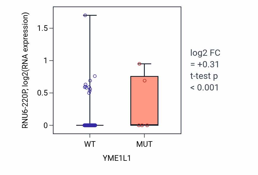 Box plot of RNU6-220P in YME1L1-low vs YME1L1-high samples in LUSC.