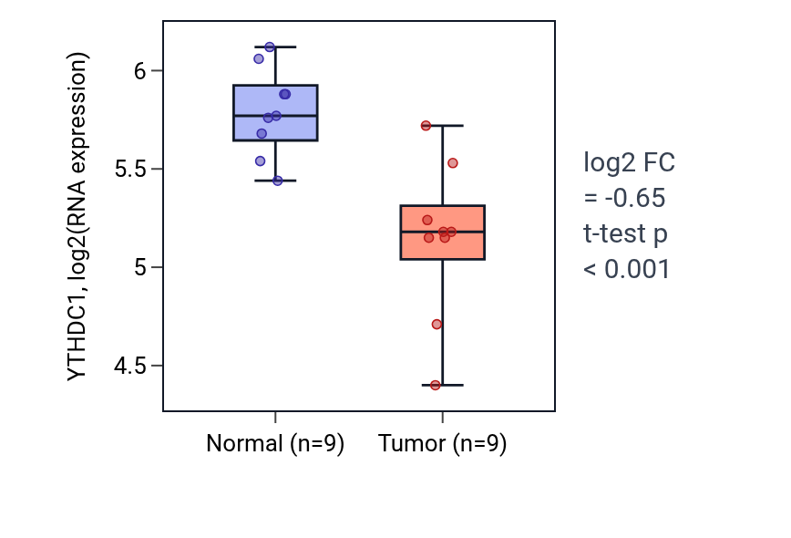 Tumor-vs-normal expression box plot for YTHDC1 in THCA.