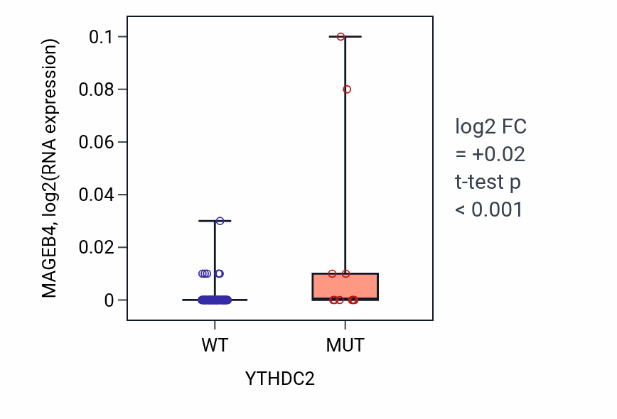 Box plot of MAGEB4 in YTHDC2-low vs YTHDC2-high samples in BLOOD_Leukemia.