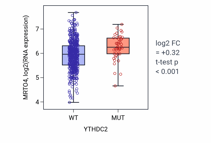 Box plot of MRTO4 in YTHDC2-low vs YTHDC2-high samples in UCEC.