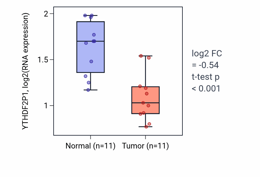 Tumor-vs-normal expression box plot for YTHDF2P1 in KICH.