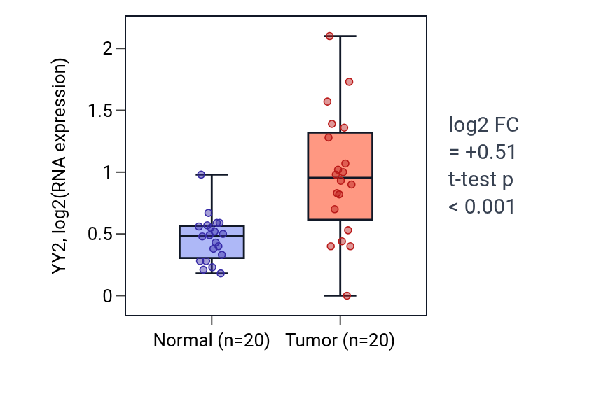 Tumor-vs-normal expression box plot for YY2 in COAD.