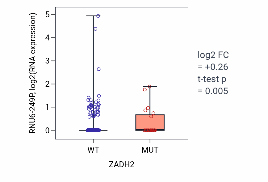 Box plot of RNU6-249P in ZADH2-low vs ZADH2-high samples in UCEC.