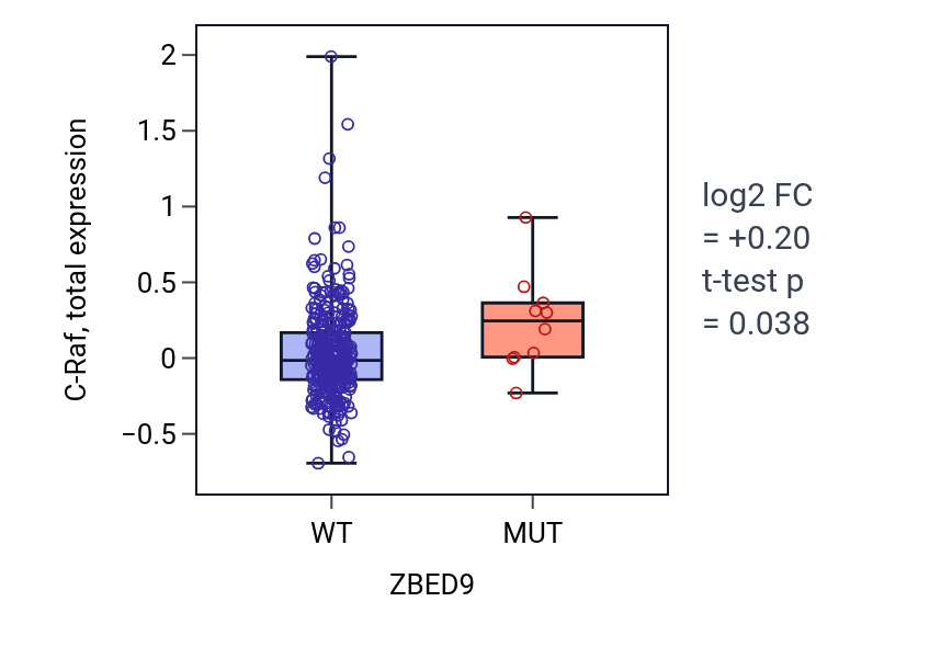 Box plot of C-Raf in ZBED9-low vs ZBED9-high samples in BLCA.