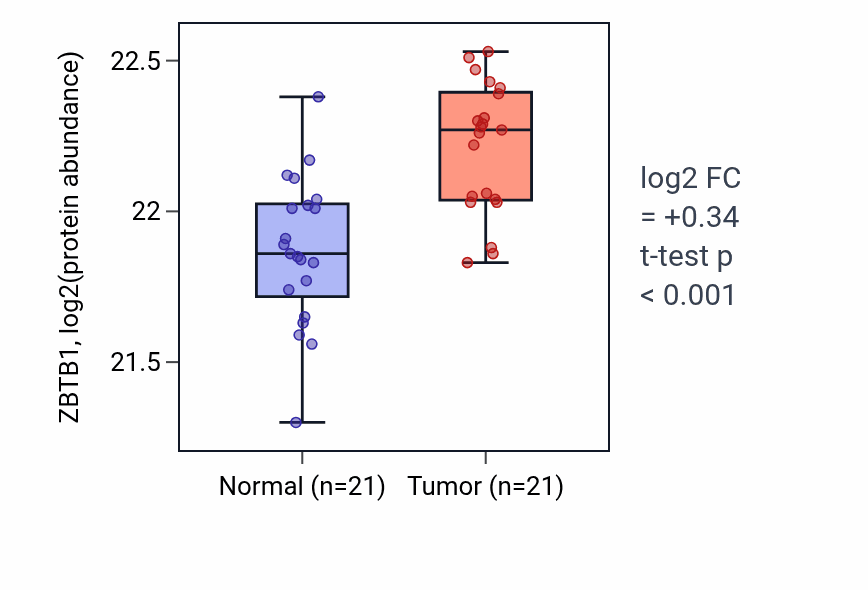 Tumor-vs-normal mass-spec protein box plot for ZBTB1 in HNSC.