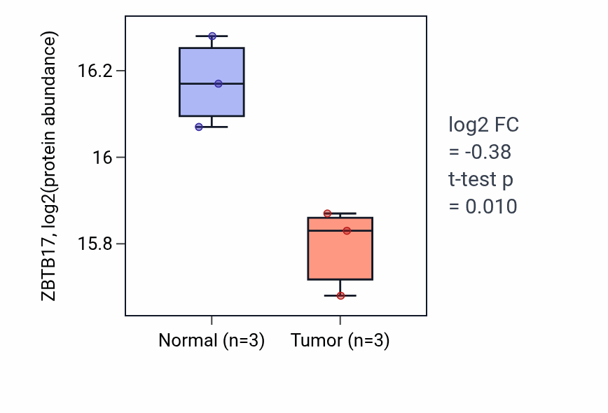 Tumor-vs-normal mass-spec protein box plot for ZBTB17 in HNSC.