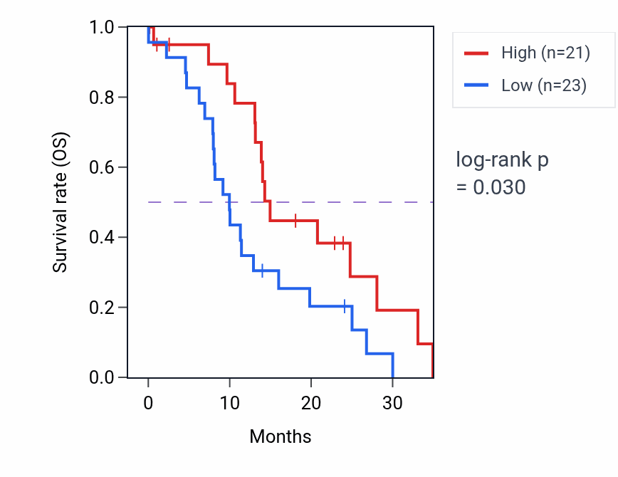 Kaplan&ndash;Meier survival curve for ZBTB2 mass-spec protein-high vs -low samples in PDAC.