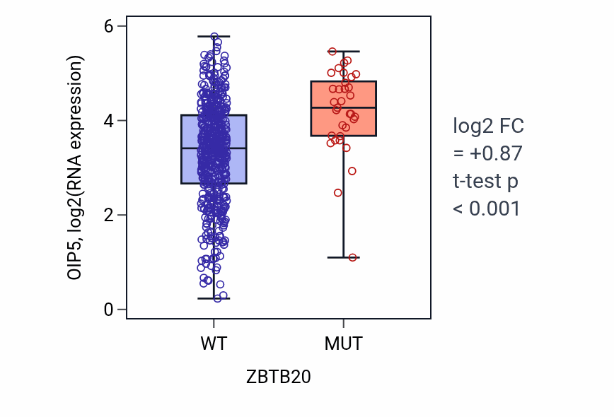 Box plot of OIP5 in ZBTB20-low vs ZBTB20-high samples in UCEC.