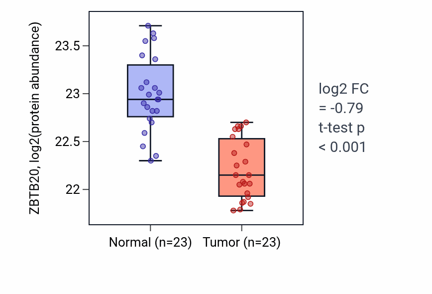 Tumor-vs-normal mass-spec protein box plot for ZBTB20 in HNSC.