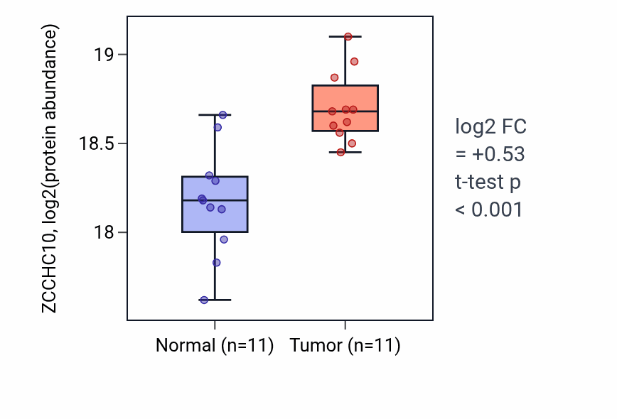 Tumor-vs-normal mass-spec protein box plot for ZCCHC10 in HNSC.