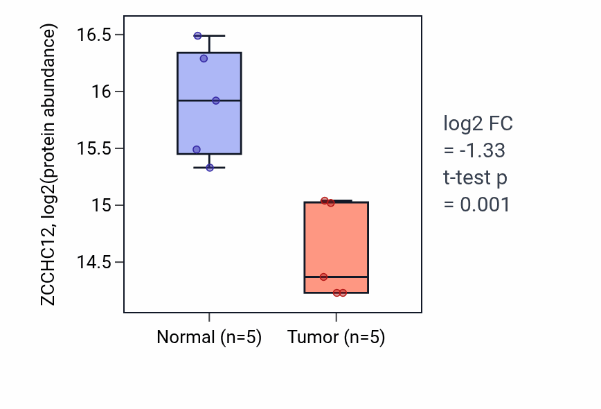Tumor-vs-normal mass-spec protein box plot for ZCCHC12 in LSCC.