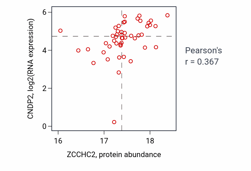 Per-sample scatter of ZCCHC2 vs CNDP2 in HNSC (Pearson r = 0.37).