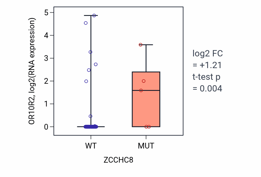 Box plot of OR10R2 in ZCCHC8-low vs ZCCHC8-high samples in BLOOD_Leukemia.