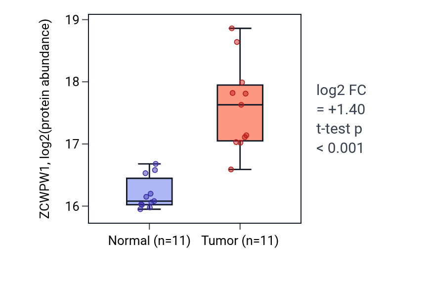 Tumor-vs-normal mass-spec protein box plot for ZCWPW1 in LSCC.