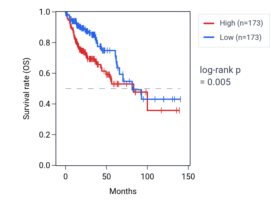Kaplan&ndash;Meier survival curve for ZDHHC11 RNA expression in COAD: high vs low expression groups.