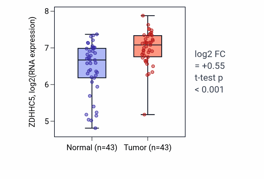 Tumor-vs-normal expression box plot for ZDHHC5 RNA in HNSC.