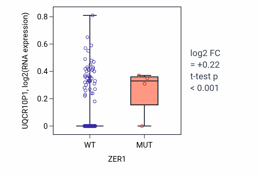 Box plot of UQCR10P1 in ZER1-low vs ZER1-high samples in BLCA.