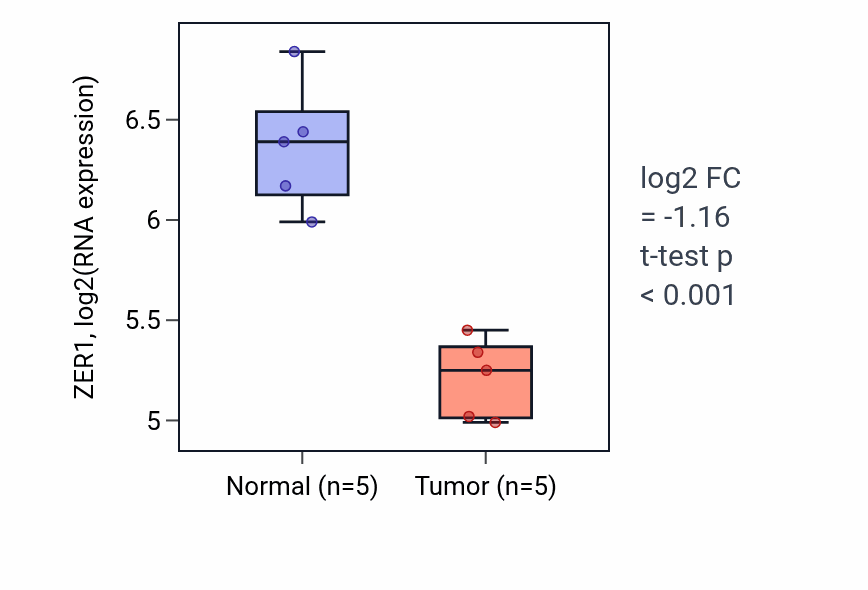 Tumor-vs-normal expression box plot for ZER1 RNA in COAD.