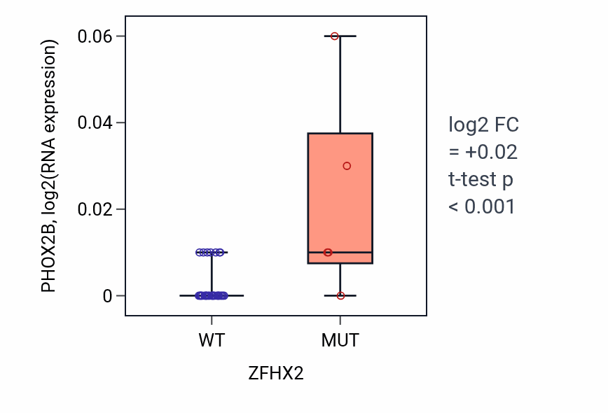 Box plot of PHOX2B in ZFHX2-low vs ZFHX2-high samples in URINARY_TRACT.
