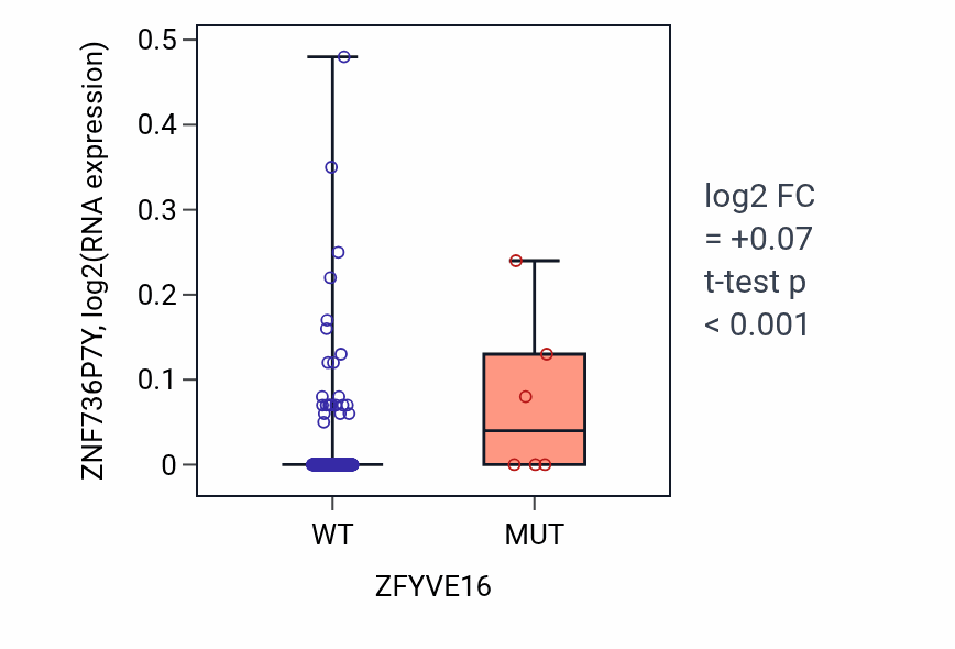 Box plot of ZNF736P7Y in ZFYVE16-low vs ZFYVE16-high samples in STAD.